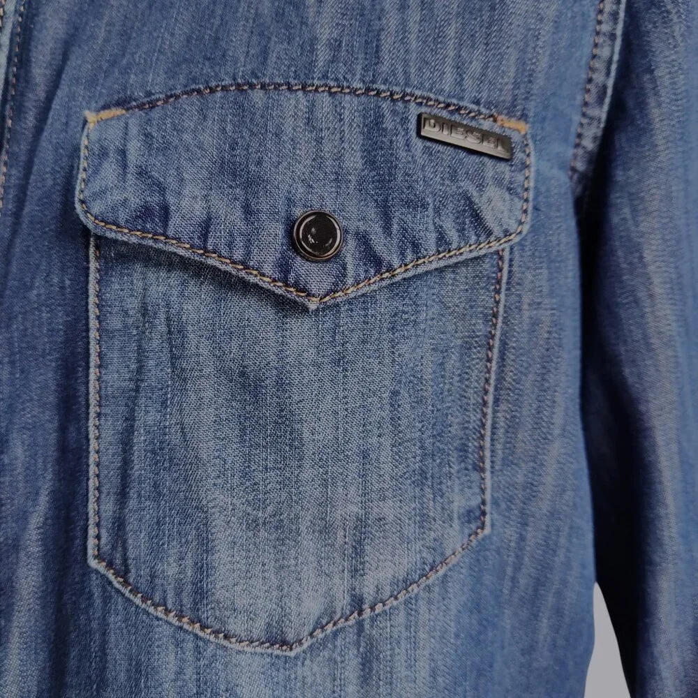 Diesel Western Distressed Chambray Snap Front Cotton Thin Soft Denim Shirt Sz S - Picture 7 of 11